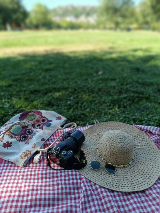 the hat is laying on the checkered cloth with a camera