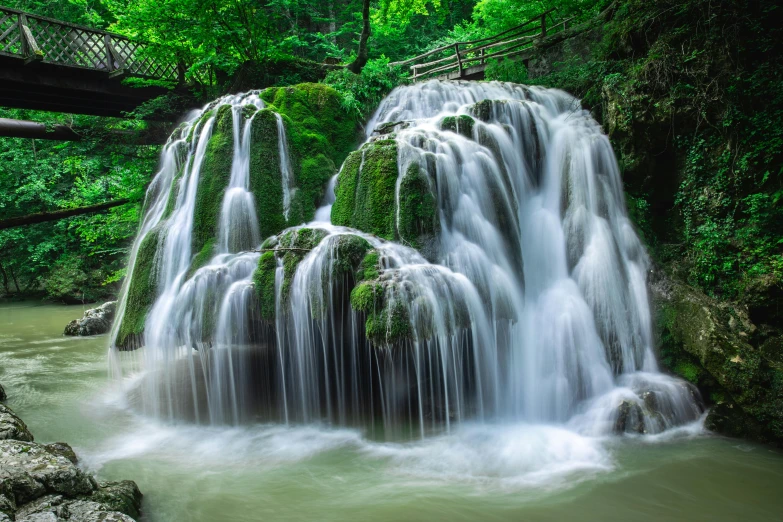 a waterfall is surrounded by lush vegetation in a river