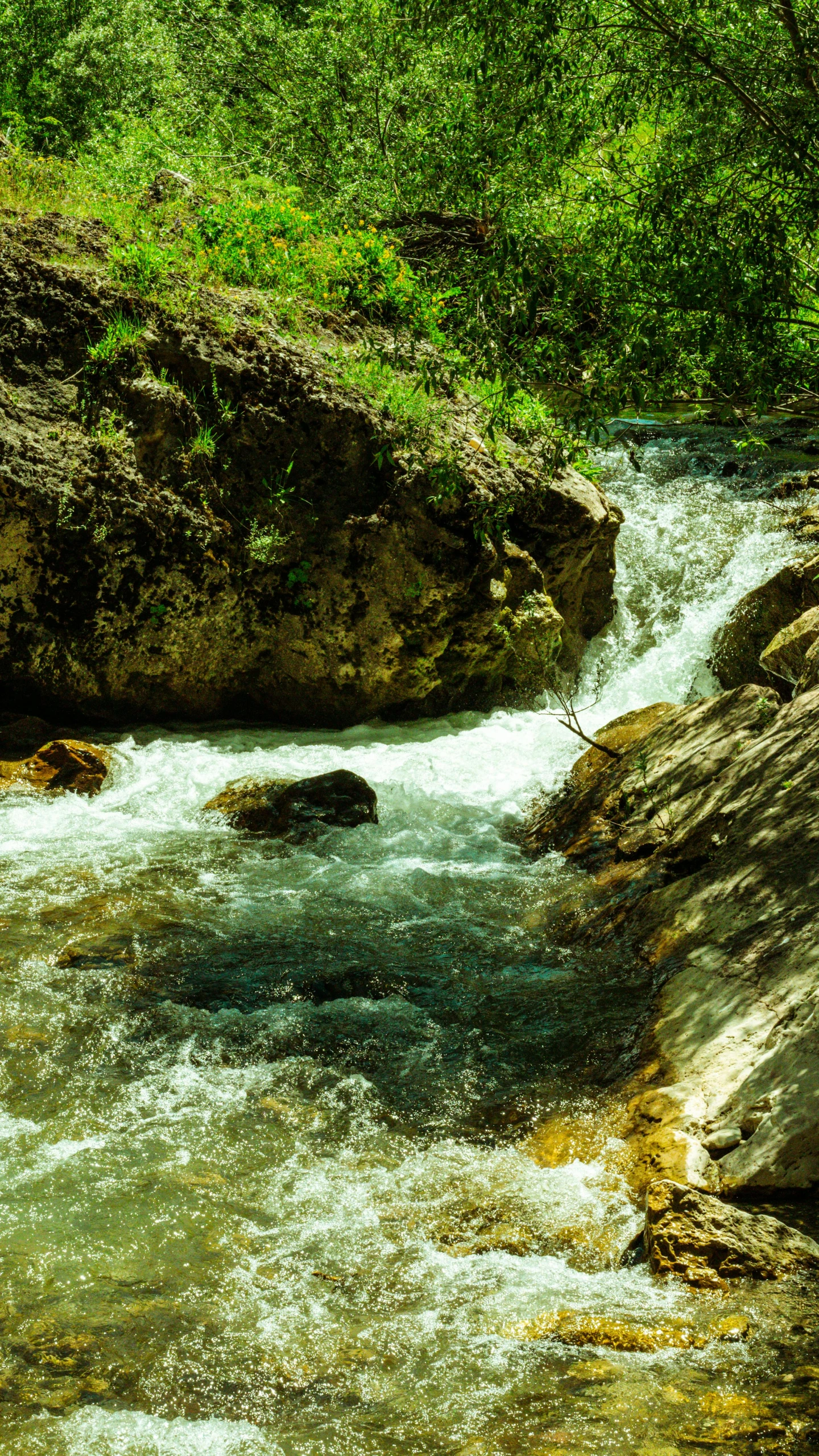 a stream runs between two large boulders in the woods