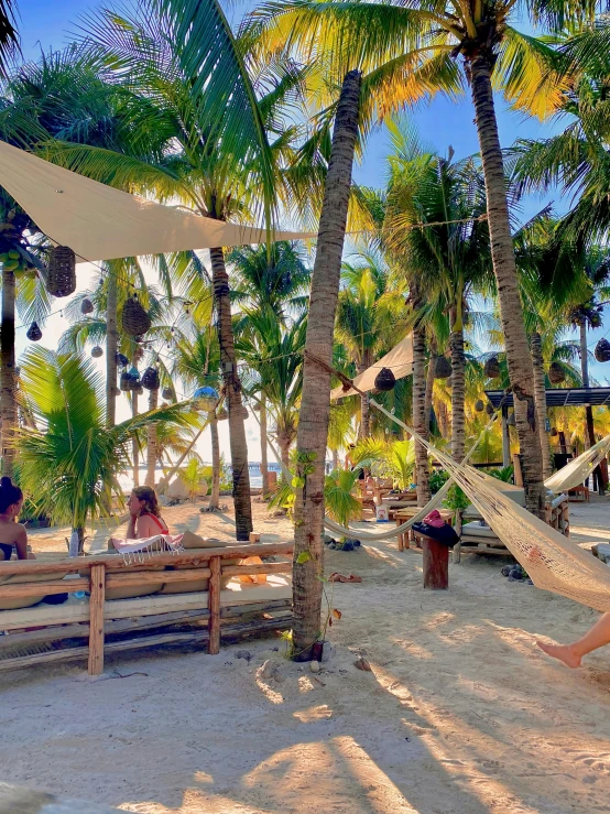 people relaxing in hammock and lounge chairs on the beach