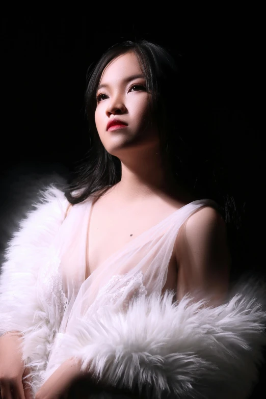 a woman is dressed up with a white fur jacket