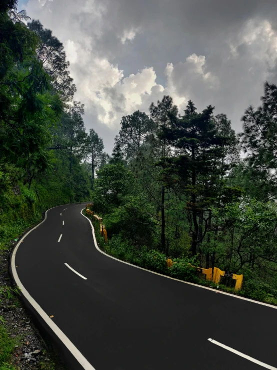 a view of a winding road through some trees