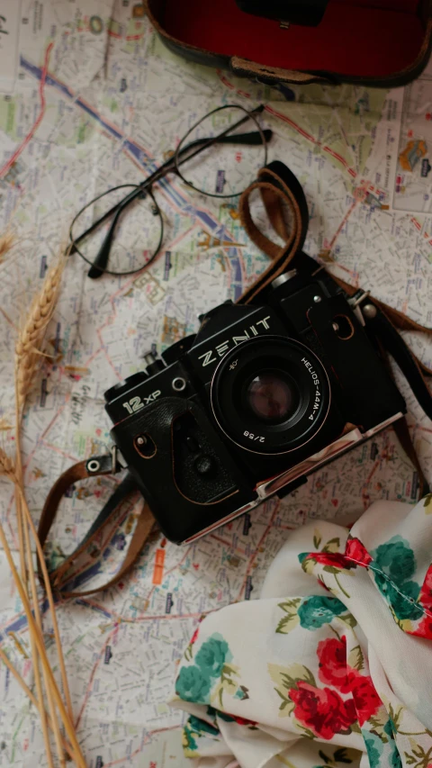 a camera and several objects on a map