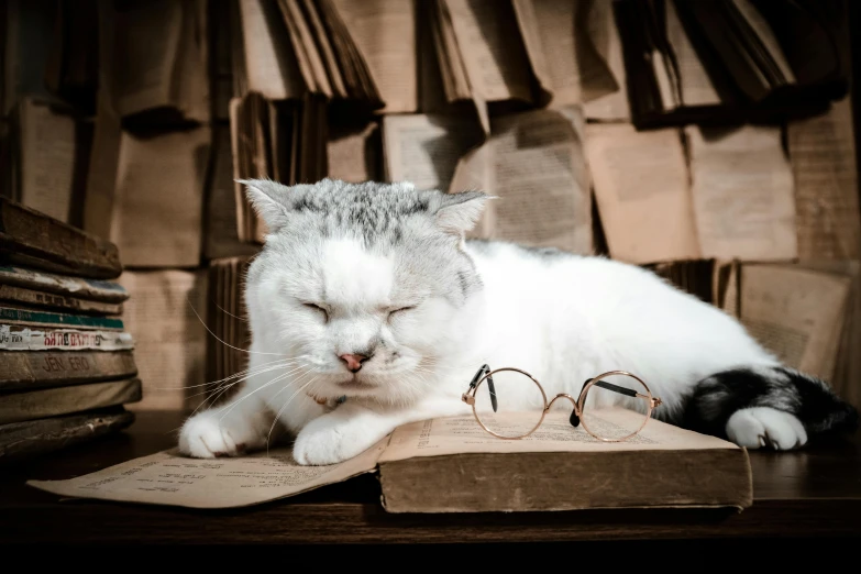 a cat that is laying down next to a pair of glasses
