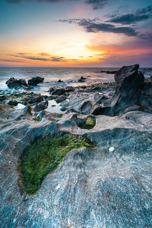 a beach at dusk with rocks covered in plants and grass