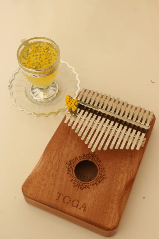 a musical instrument sitting on top of a wooden board next to a glass bowl