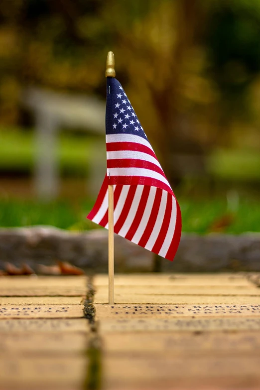 a flag sitting in front of a wooden bench