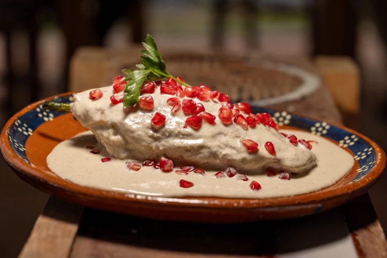 a plate of desert with some kind of topping