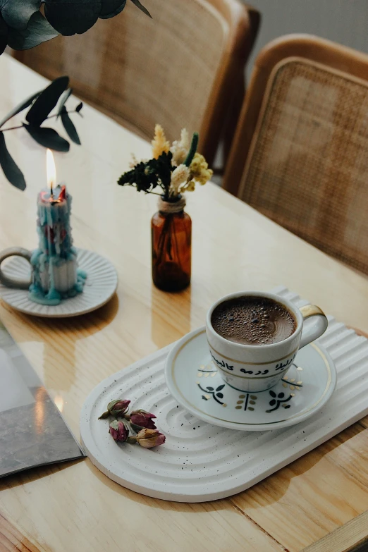 cup of coffee and candle on a table