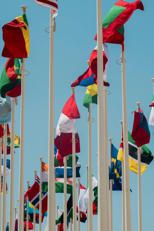 a large array of flags flying from one pole