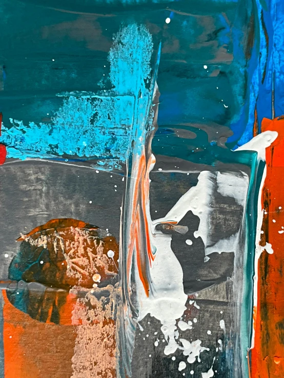 an abstract painting with white, orange and blue paint