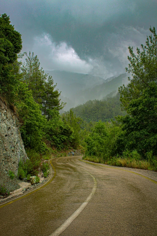 a cloudy mountain and a road surrounded by trees
