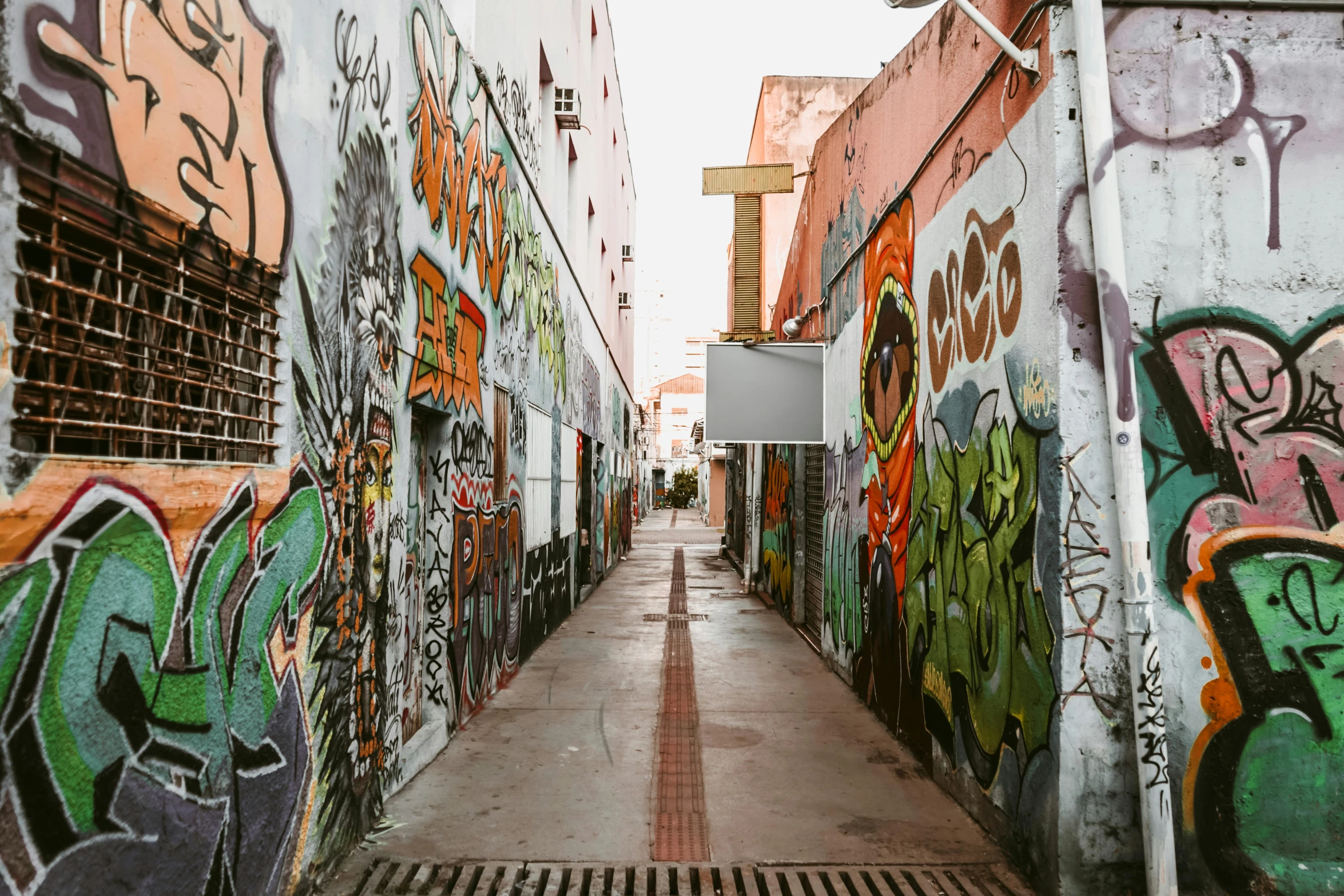 an alleyway in the city has many street art on it