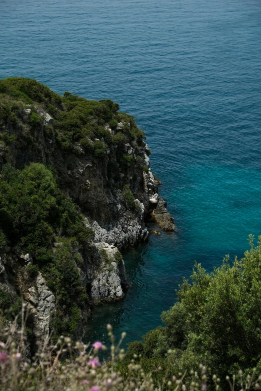 a person is standing on a cliff overlooking the water
