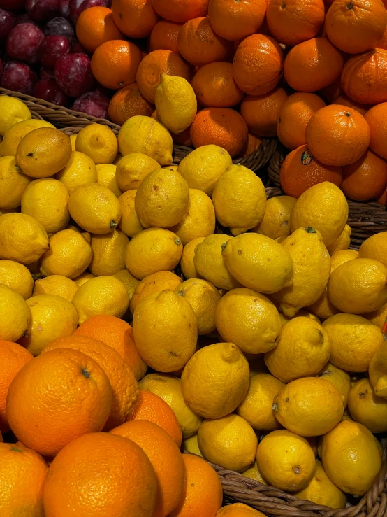 multiple baskets filled with lots of oranges and plums