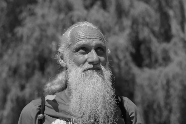 an old man with a big beard stands in front of the forest