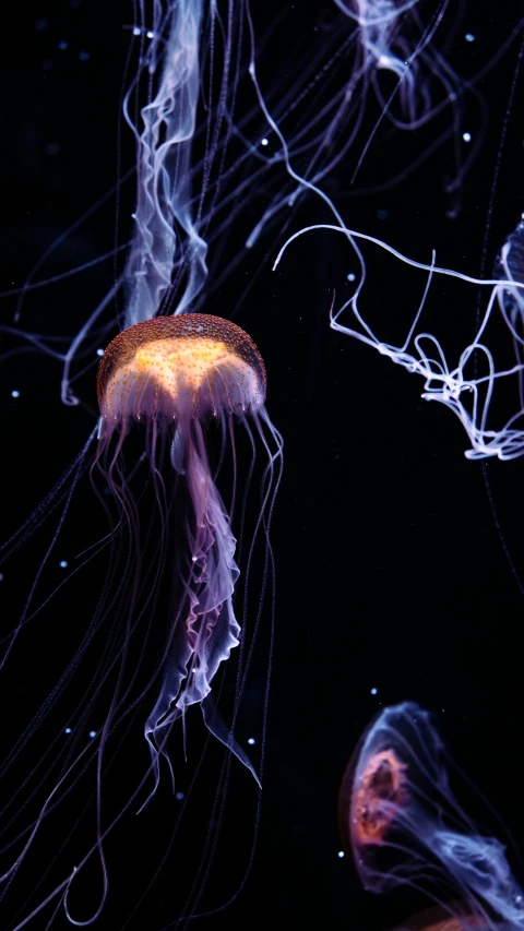 a close up of jellyfish in the dark