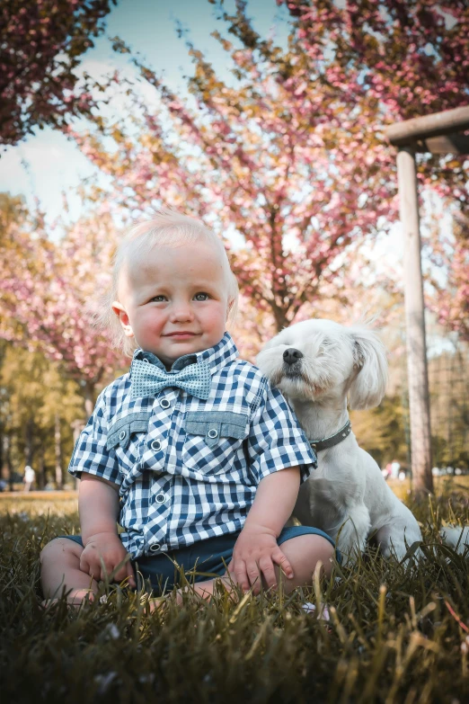 a boy and his white dog sitting in the grass