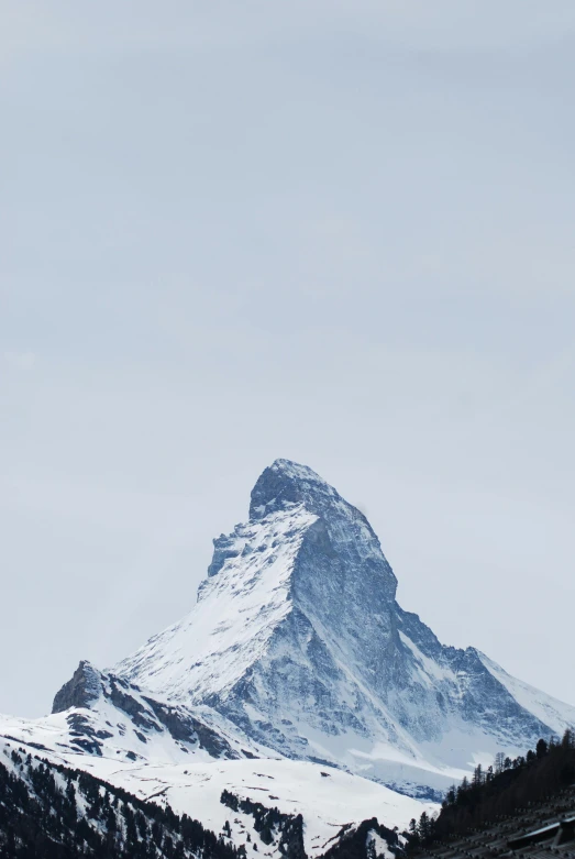 a snowy mountain peak that has trees and snow on it