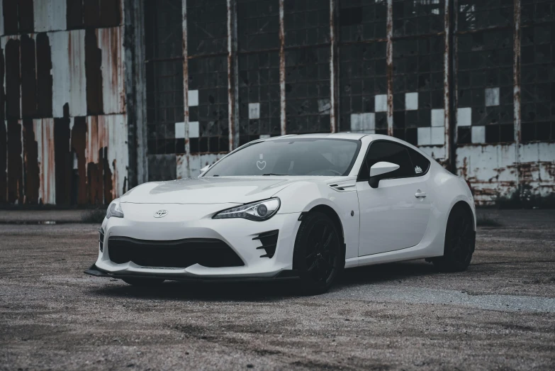 a white sports car parked in front of a building