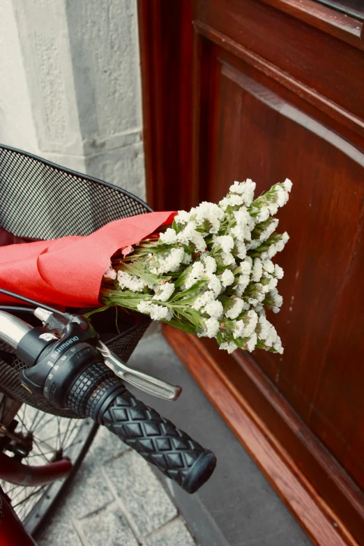 some flowers sitting on the handlebars of a bicycle