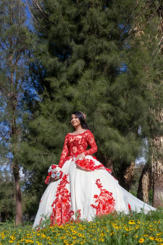 a woman in a long dress standing in a field