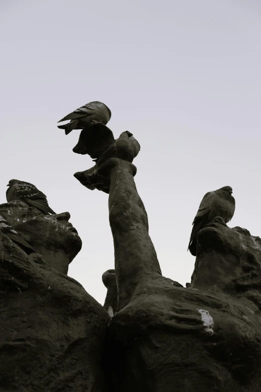 four pigeons sitting on the top of a statue