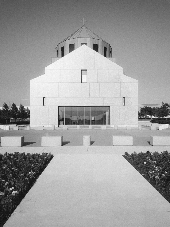 a black and white po of a building