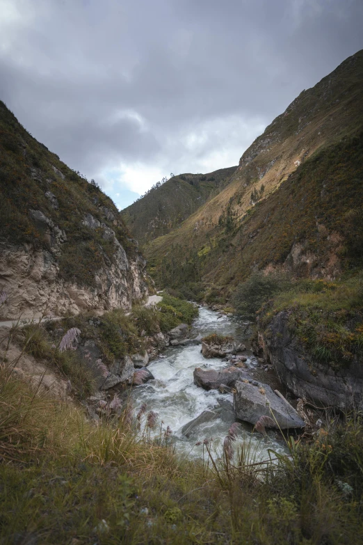 a stream runs through a mountain valley