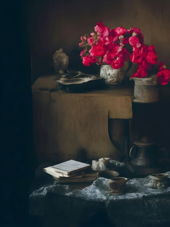 an old table with a vase and two books sitting on it