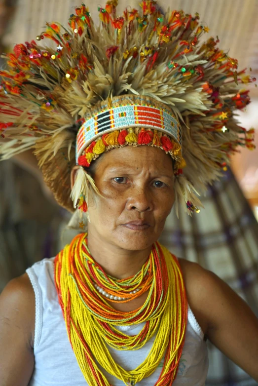 an indian woman wearing a headdress made of grass