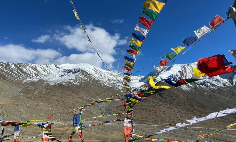 prayer flags hanging on poles in front of the mountain