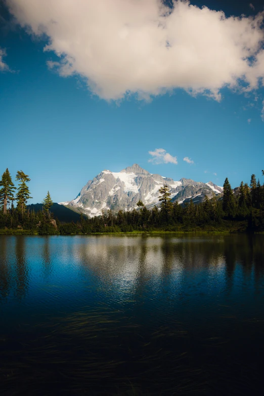 mountains covered in snow and trees surrounding a lake