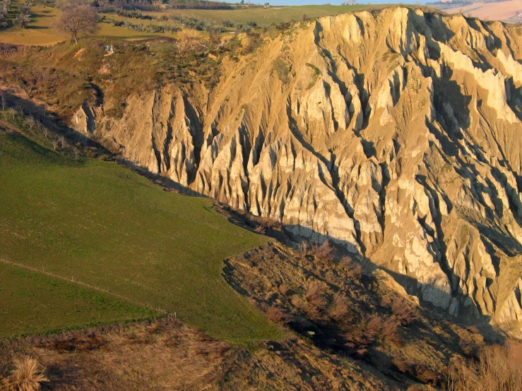 the view of a mountain, including grass and bushes