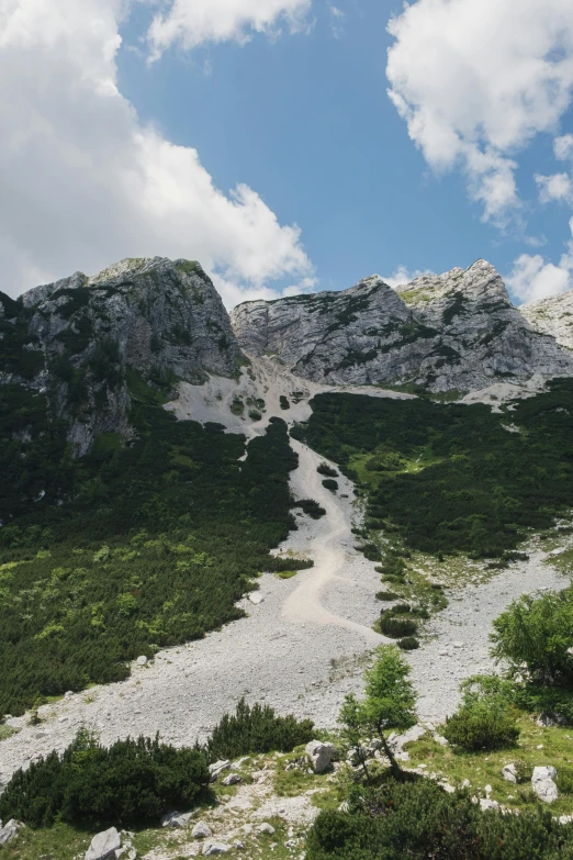 view of green mountain side with rocks and rocks