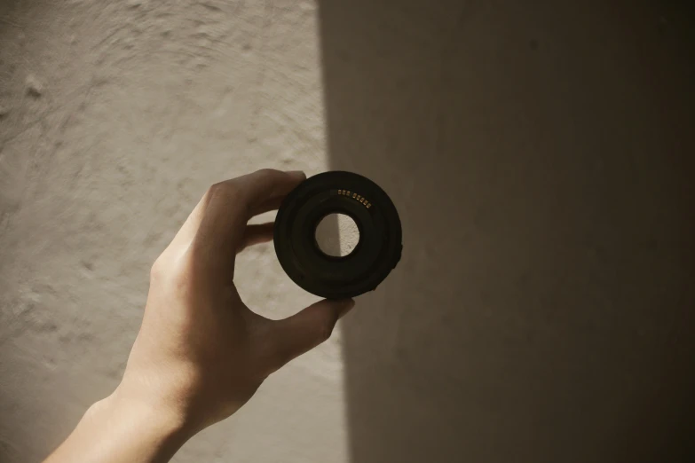 person holding a circular object in front of their face