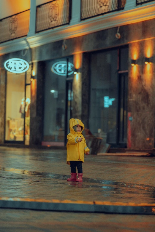 little boy in yellow rain jacket and boots walking on sidewalk