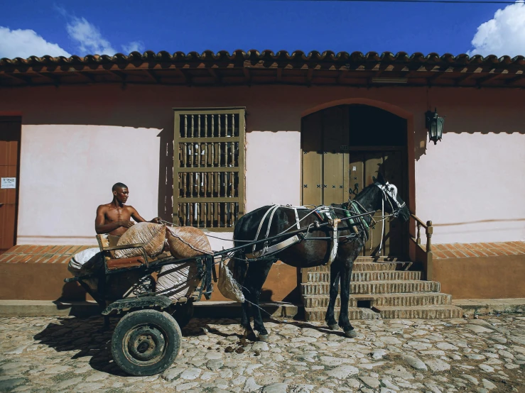 a man on a donkey drawn cart in front of a house