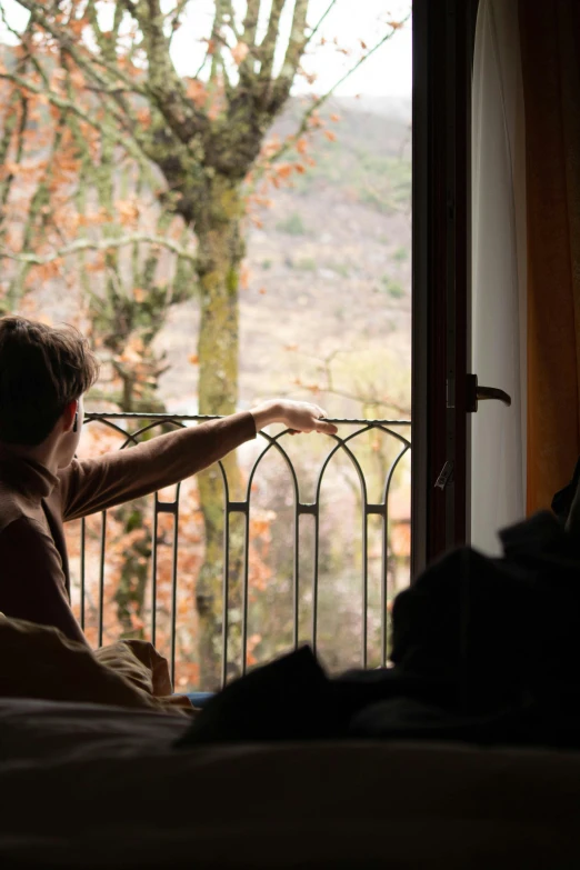 a person leans out of a window into a landscape