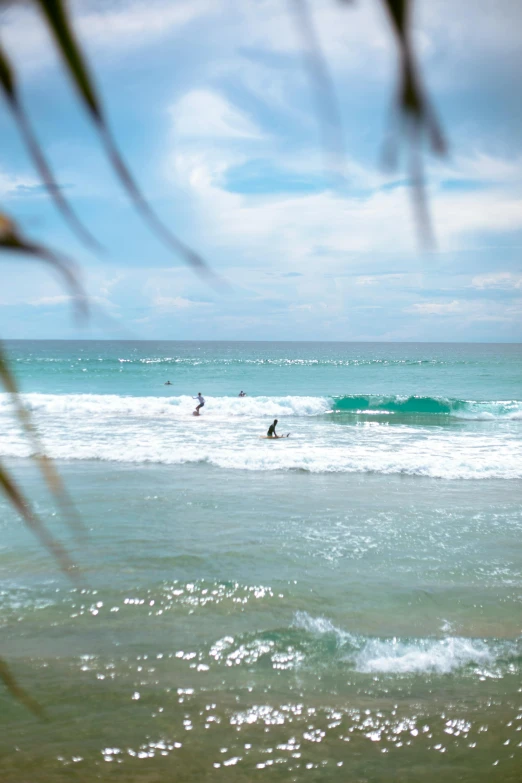 two surfers are in the ocean on their surfboards