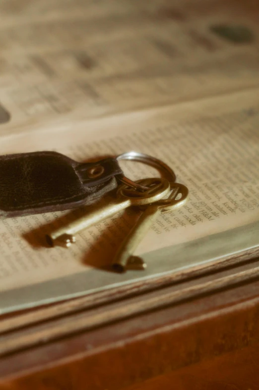 a book opened to a page, with two keys laying on the pages