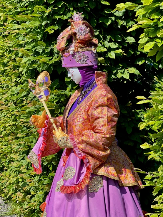 a person dressed in an elaborate purple and red costume