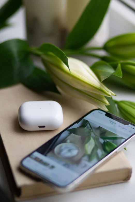 an open cellphone sits next to a flower