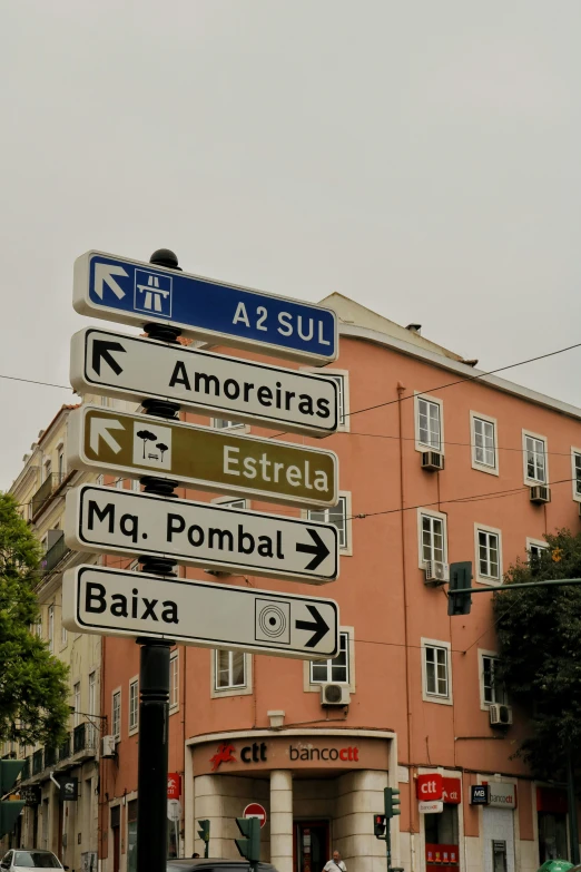 several street signs are posted in front of a building