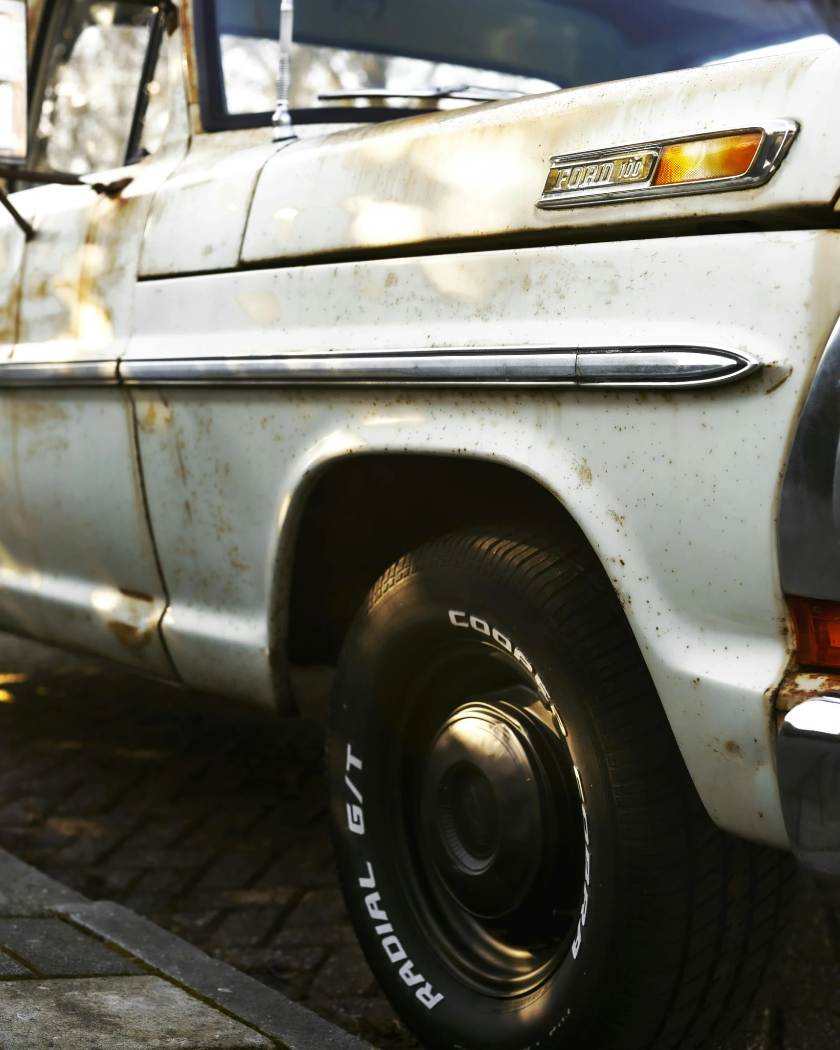 a dirty pickup truck is parked next to another truck