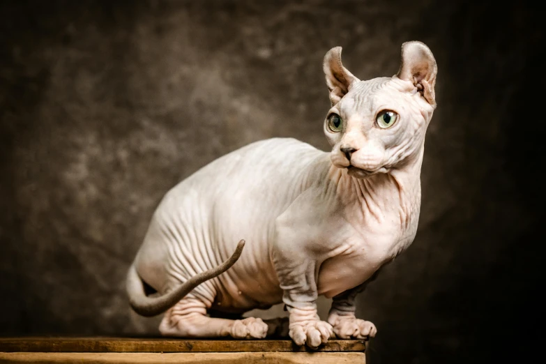 the hairless cat is sitting on a table