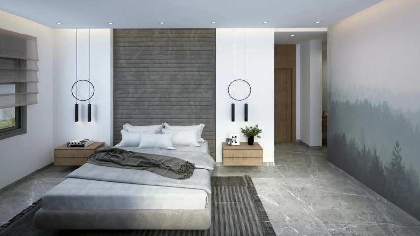 a modern white bedroom with lots of storage