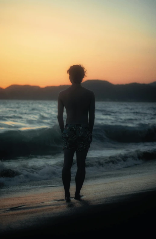 the person standing on the beach looks at the ocean