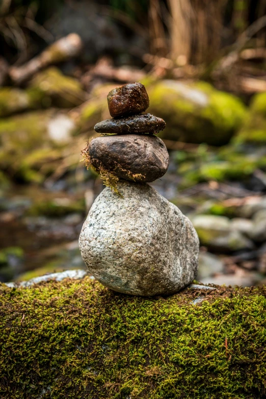 rock balance stacked on top of each other, with moss growing around