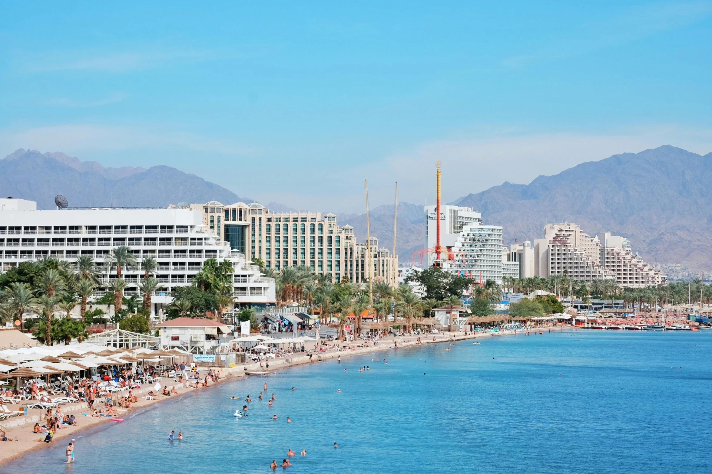 a beach in a city has many umbrellas